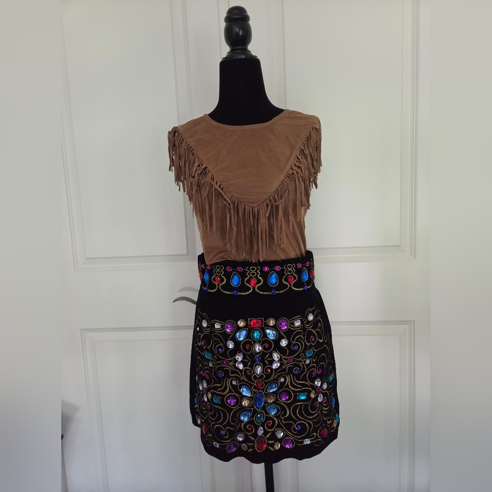 Vintage 90s Black Velvet Jeweled Mini Skirt + FREE Fringe Top